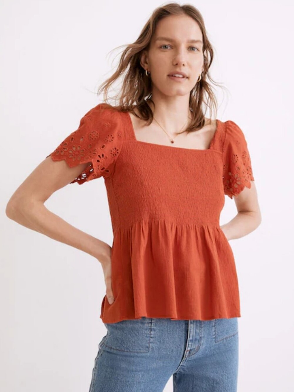 Madewell Eyelet-Sleeve Lucie Smocked Peplum Top In Fresh Chili Size Small
